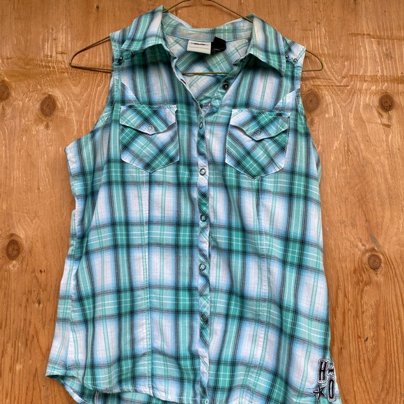 Ladies Harley Davidson Sleeveless Blouse Green/Blue 100% cotton - Picture 2 of 6